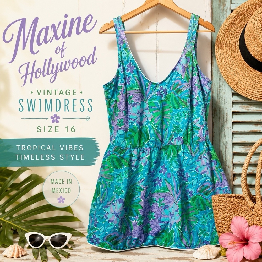 Vintage Maxine of Hollywood Swimdress Size 16 Tropical Floral One Piece Swimsuit